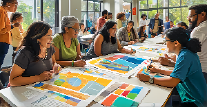 A diverse group of residents in a workshop discussing affordable housing, surrounded by colorful posters and natural light.