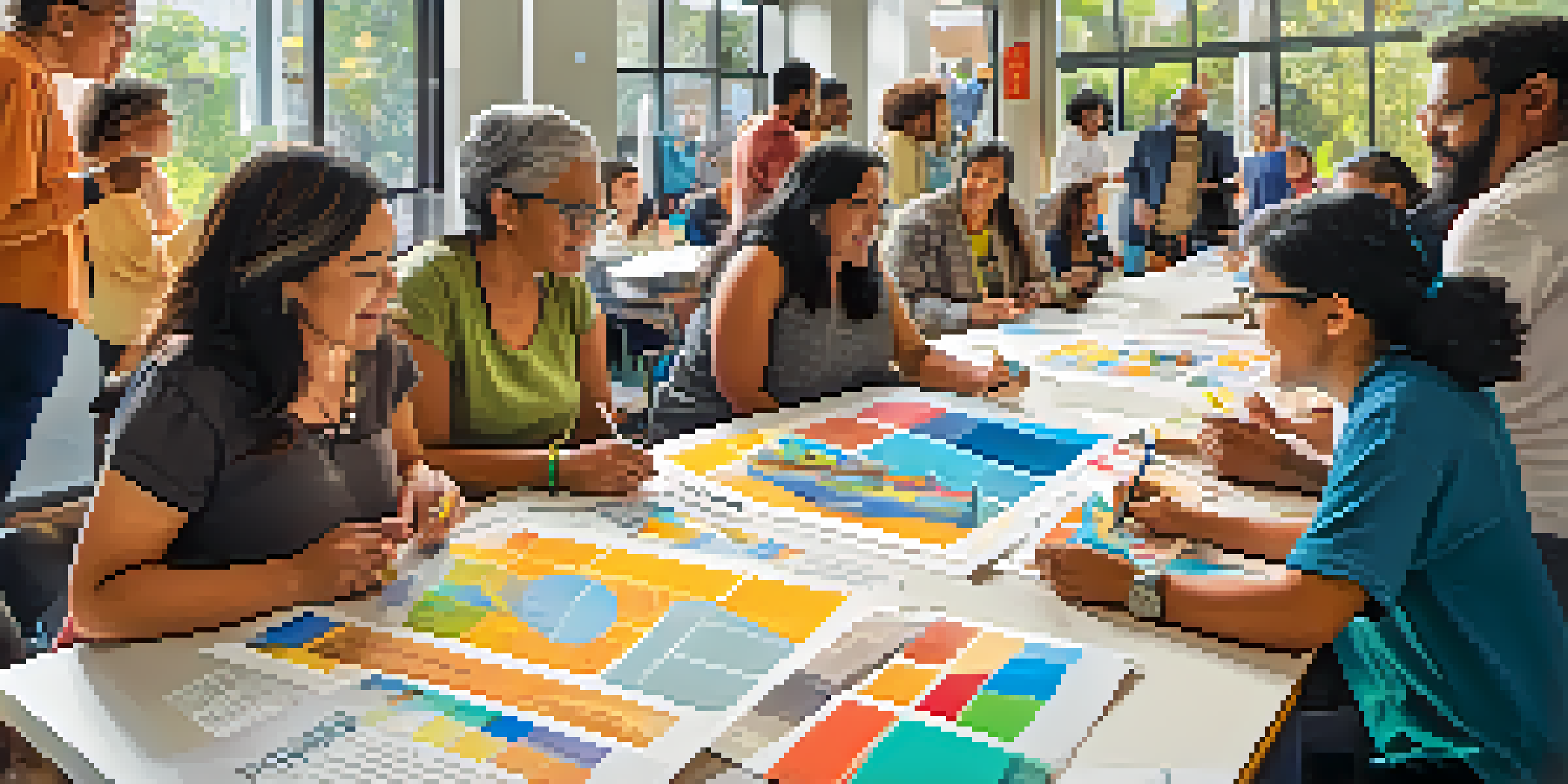 A diverse group of residents in a workshop discussing affordable housing, surrounded by colorful posters and natural light.