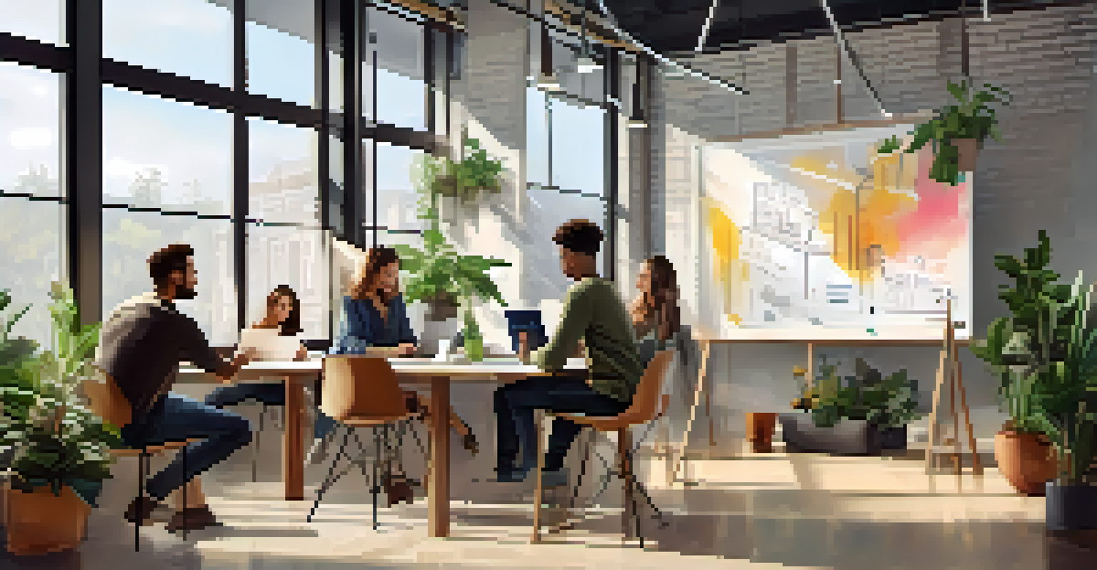 A group of young entrepreneurs collaborating in a bright modern coworking space with a whiteboard full of ideas.