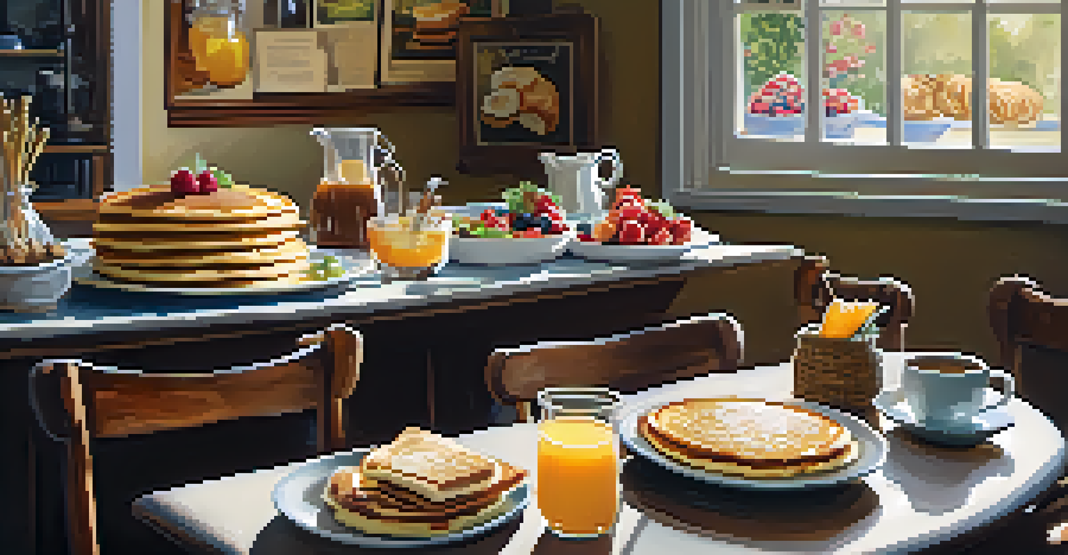 A family enjoying a hearty breakfast at The Breakfast Bar, with pancakes and omelets on the table in a cozy setting.