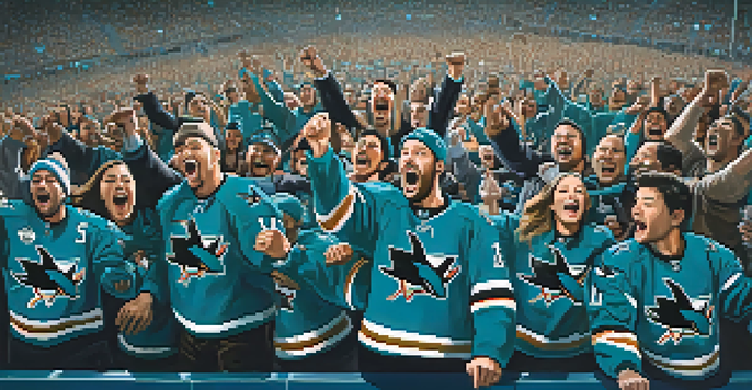 A lively crowd of San Jose Sharks fans in a stadium, wearing team colors and cheering.