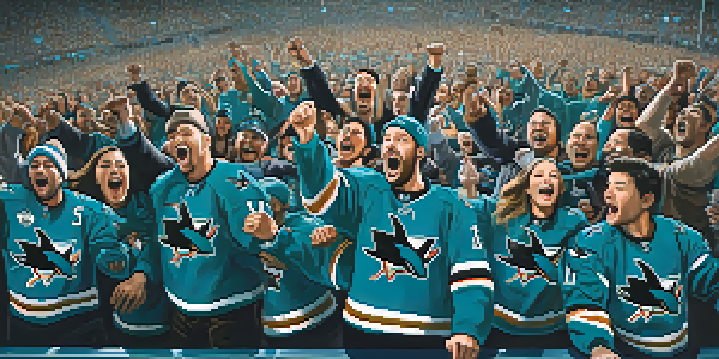 A lively crowd of San Jose Sharks fans in a stadium, wearing team colors and cheering.