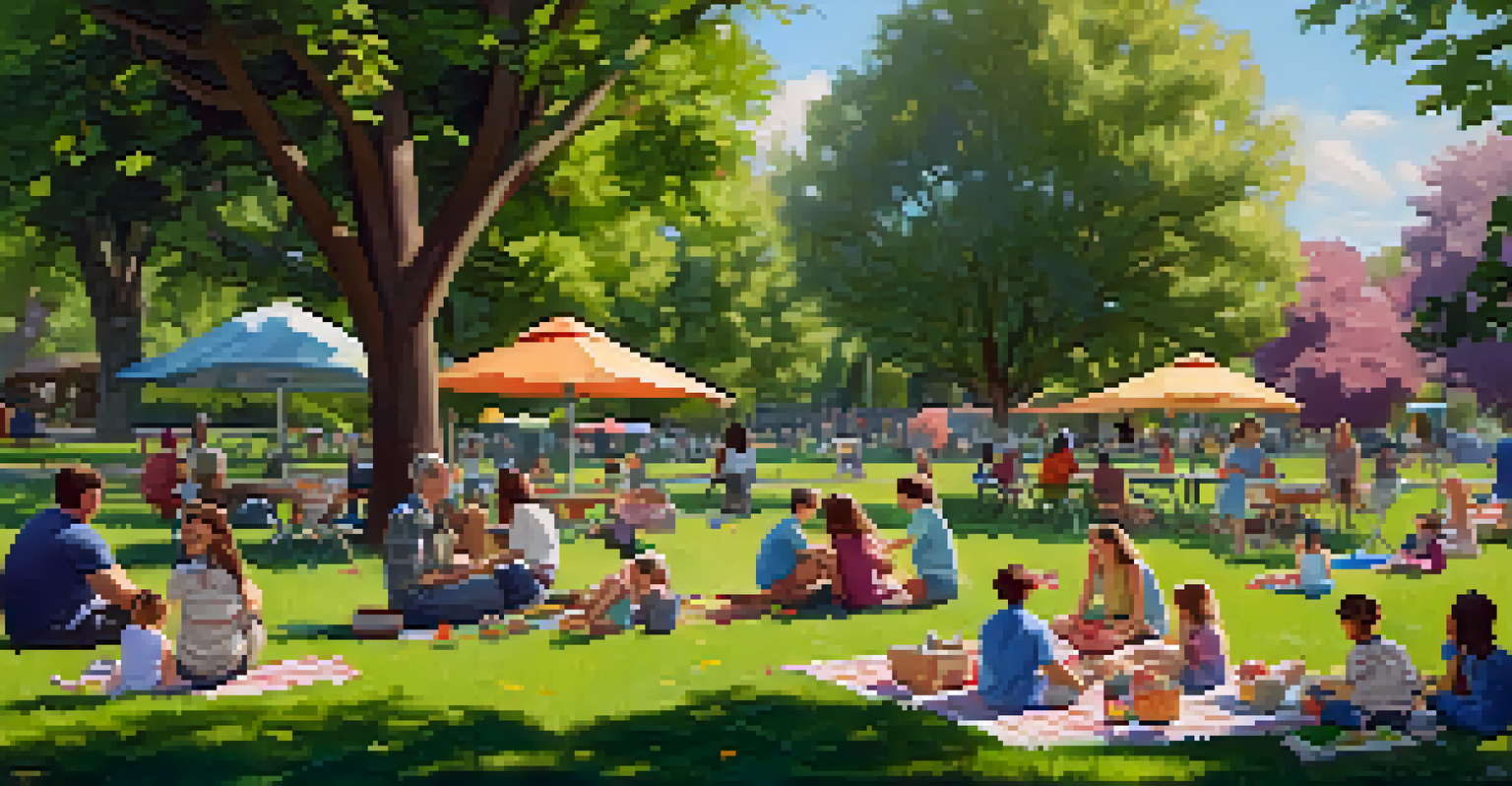 Families enjoy a sunny picnic at Willow Glen Park, surrounded by lush greenery and flowering trees, with children playing in the background.