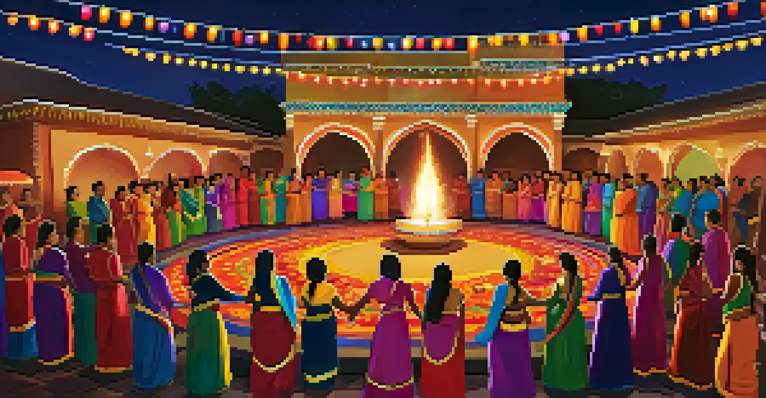 A festive outdoor scene at the San Jose Diwali Festival with colorful decorations, dancers, and illuminated lights.