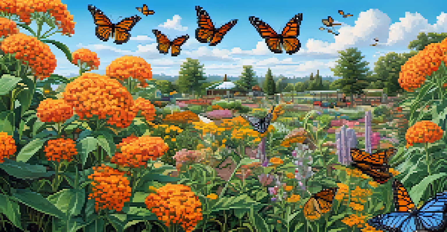 A community garden with blooming milkweed and Western monarch butterflies flying among colorful flowers under a clear blue sky.
