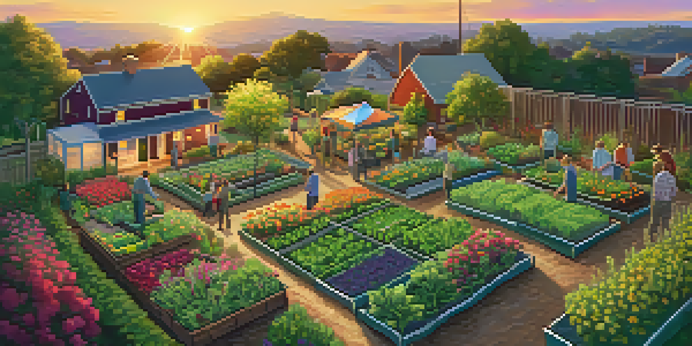 An aerial view of a community garden with residents planting crops, surrounded by vibrant flowers and a scenic sunset in the background.