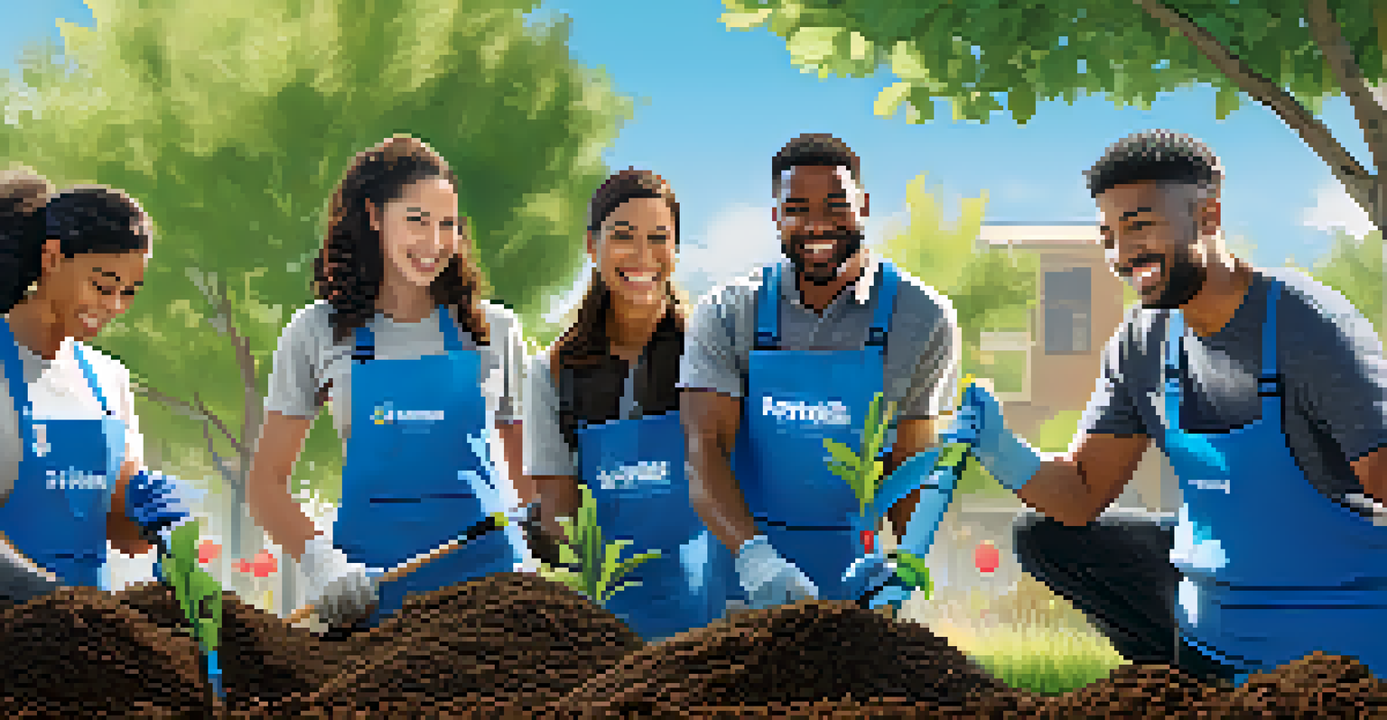 A diverse group of tech professionals smiling while planting trees during a community clean-up event in San Jose.