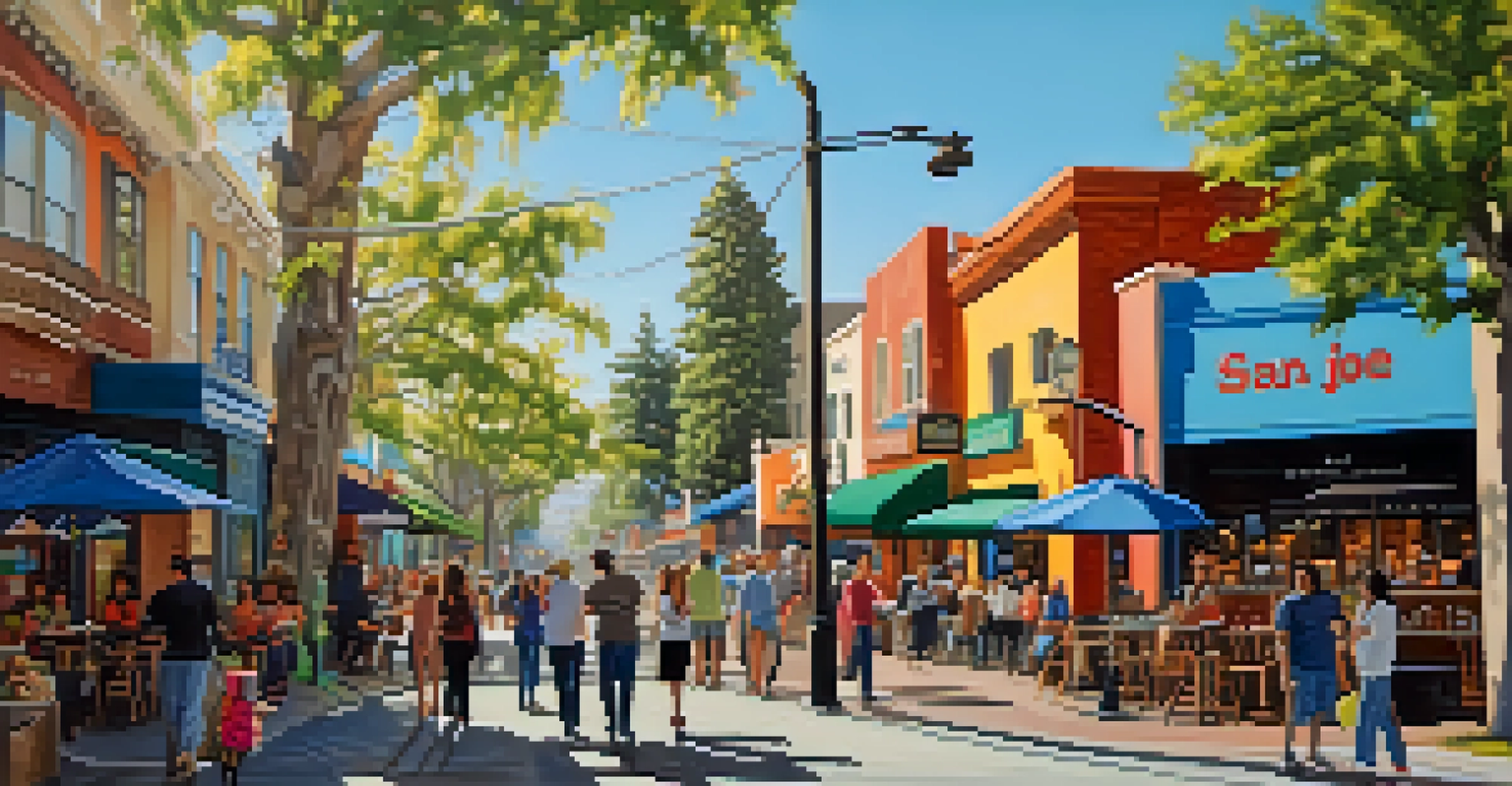 A lively street in San Jose with local businesses, outdoor seating, and a colorful mural, showcasing a bustling atmosphere.