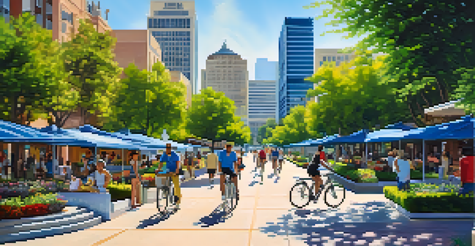 A colorful city scene of San Jose featuring skyscrapers, green parks, and diverse people engaging in various activities.