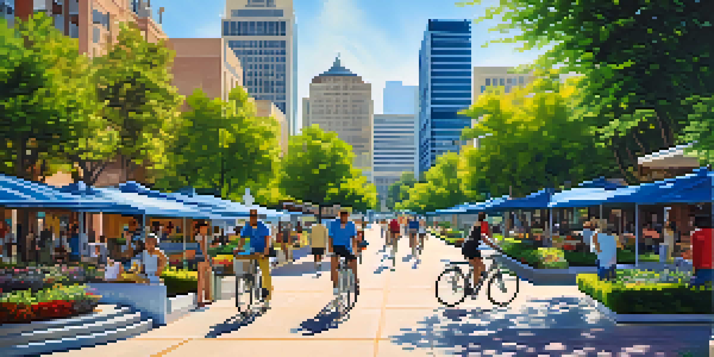 A colorful city scene of San Jose featuring skyscrapers, green parks, and diverse people engaging in various activities.