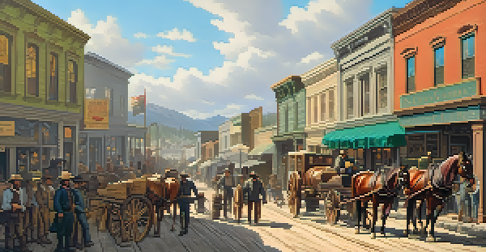 A lively street scene in San Jose during the gold rush, filled with miners and colorful storefronts.