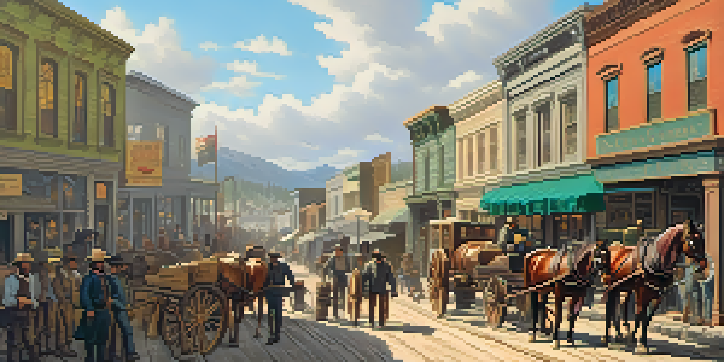 A lively street scene in San Jose during the gold rush, filled with miners and colorful storefronts.
