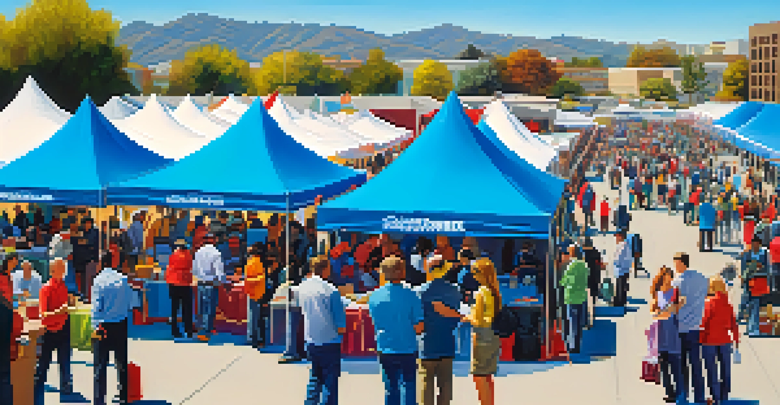 A vibrant outdoor job fair in San Jose with diverse job seekers interacting with employers under colorful tents.