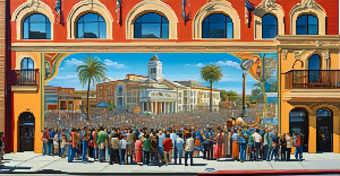 A large mural on a building illustrating the diverse history of San Jose, with colorful depictions of cultural elements and historical figures.