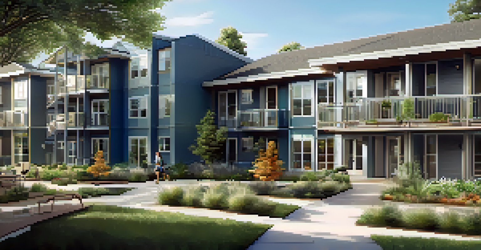 A contemporary senior apartment complex with accessible features and green surroundings.