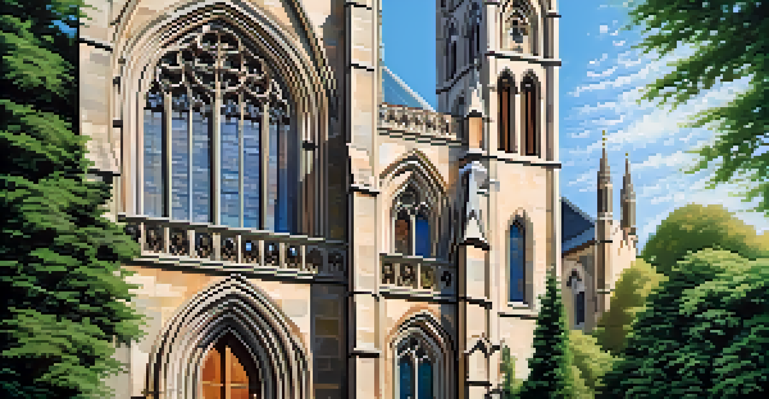 A beautiful Gothic revival church surrounded by greenery, with intricate stonework and stained glass windows illuminated by sunlight.