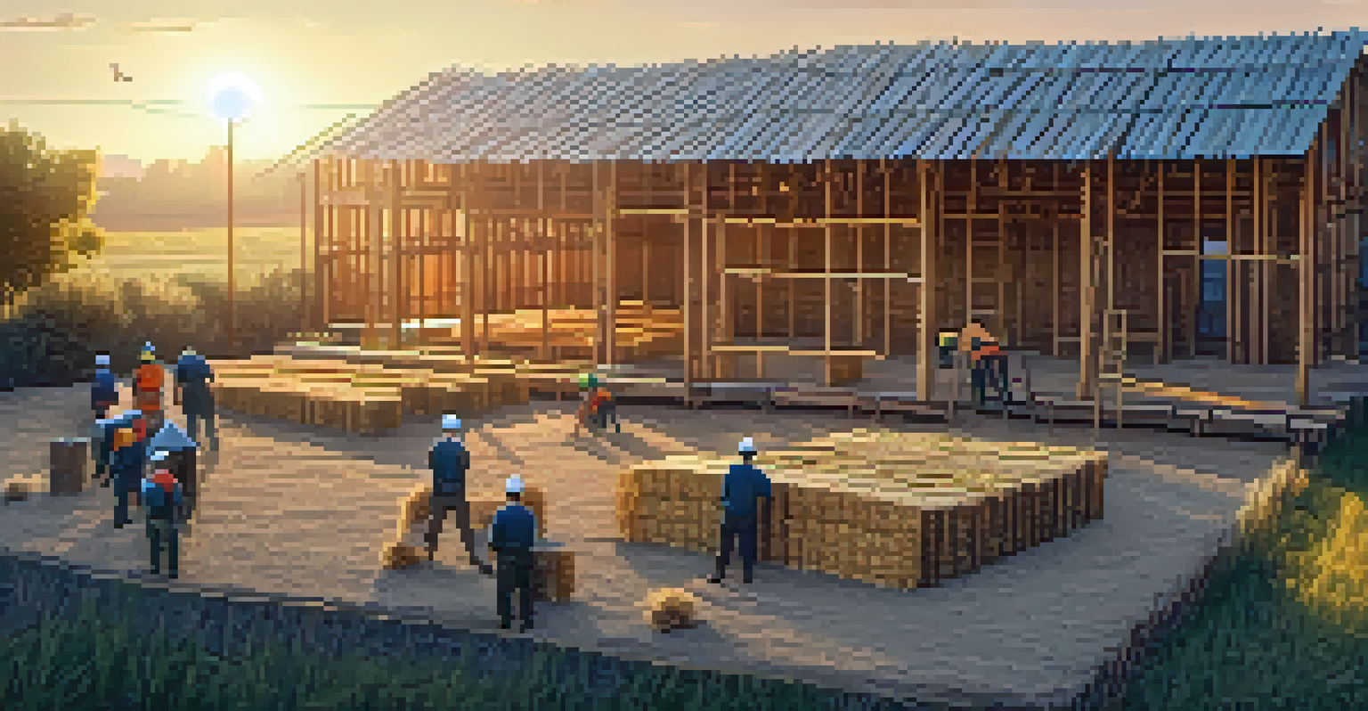 A construction site showcasing eco-friendly materials like reclaimed wood and bamboo, with workers collaborating during sunset.