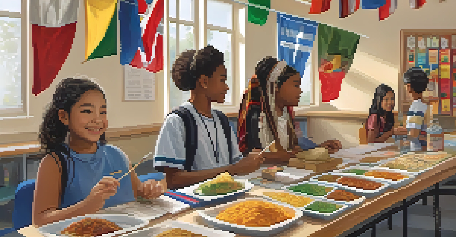 Diverse students engaging in a multicultural day event in a classroom filled with cultural decorations.