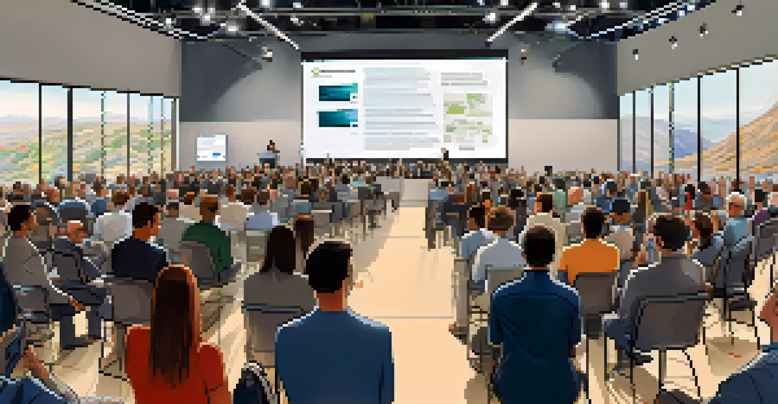 A busy scene from an innovation summit with a speaker and audience engaged in discussions about technology.