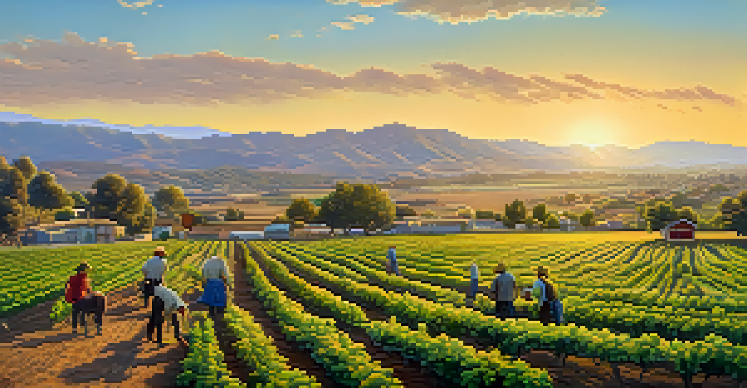 A serene agricultural scene in San Jose, with farmers working in lush orchards and fields.