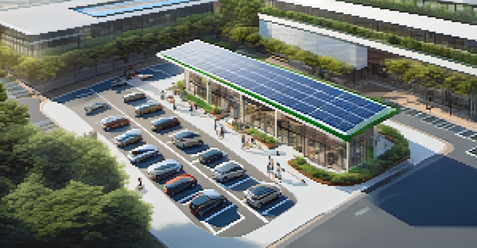 Aerial view of a shopping center featuring a designated electric vehicle charging area with several cars and solar panels on the roof.