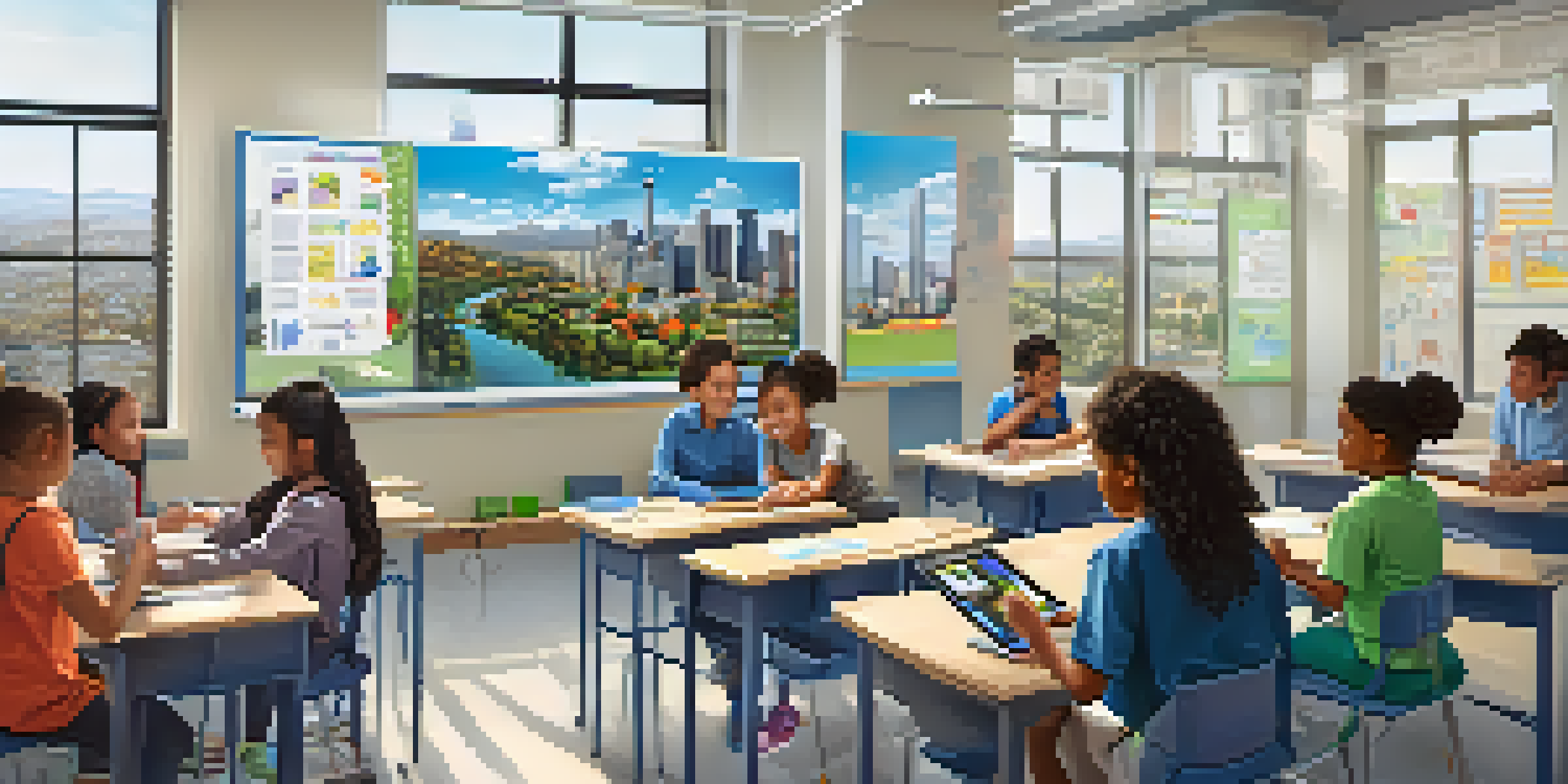 A vibrant classroom scene with students working together on digital devices, actively participating in a group project under the guidance of a teacher.