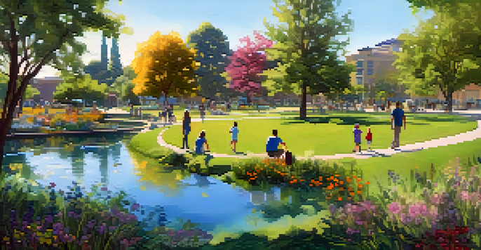 A lively urban park in San Jose with families and children playing, surrounded by native plants and trees under soft sunlight.