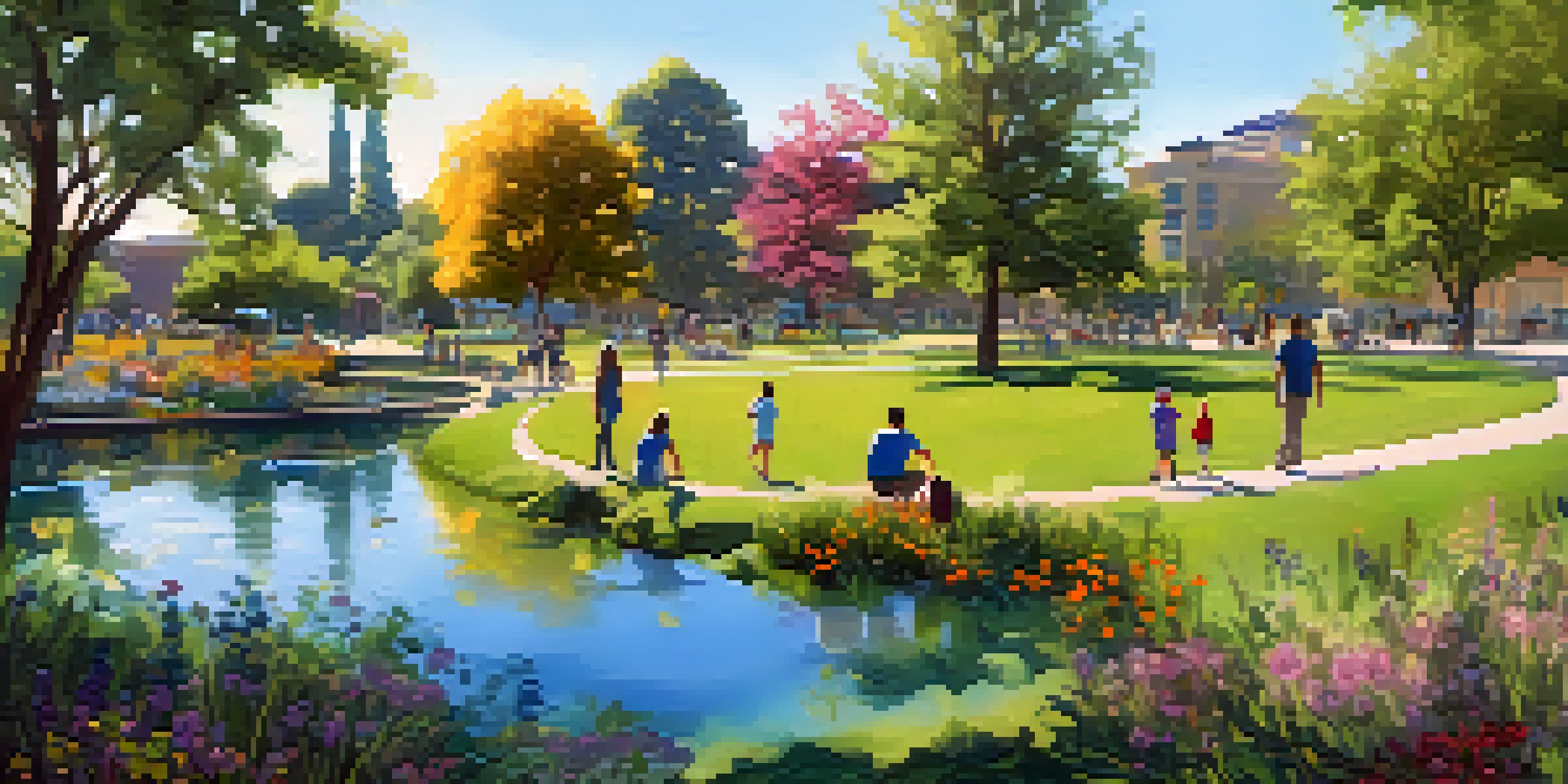 A lively urban park in San Jose with families and children playing, surrounded by native plants and trees under soft sunlight.
