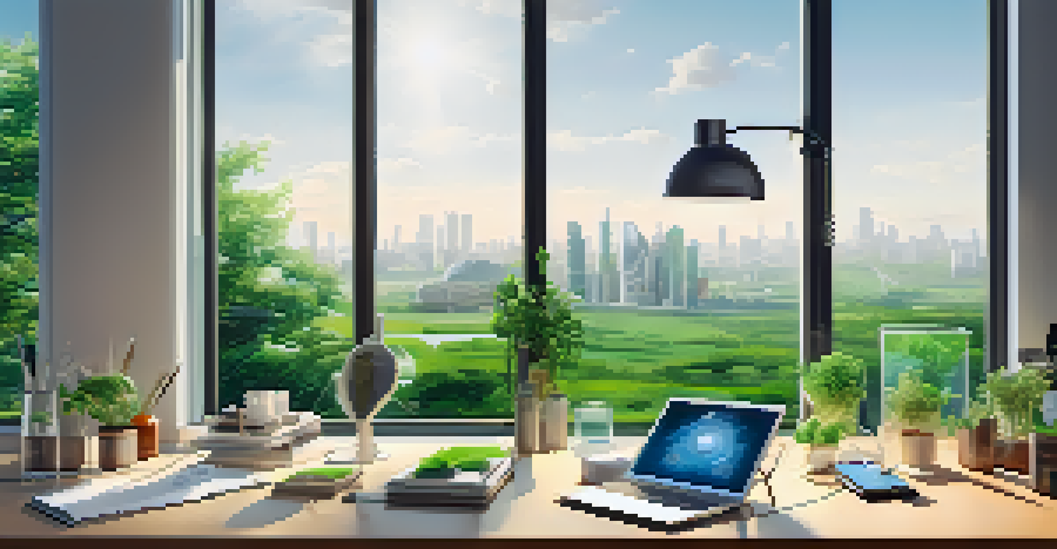 An array of eco-friendly gadgets and designs symbolizing innovative green technologies on a table in a bright modern office.