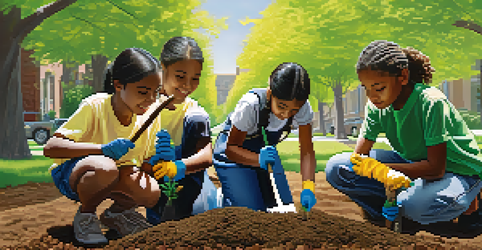 Students planting trees in a neighborhood park as part of a civic education project, with a bright sunny day and blooming flowers in the background.