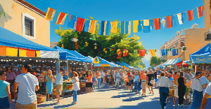 A bustling festival scene with colorful decorations, food stalls, and diverse attendees enjoying the Annual Greek Festival in San Jose under a clear blue sky.