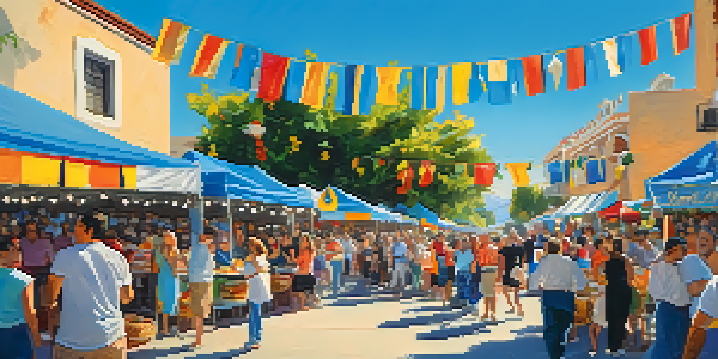 A bustling festival scene with colorful decorations, food stalls, and diverse attendees enjoying the Annual Greek Festival in San Jose under a clear blue sky.