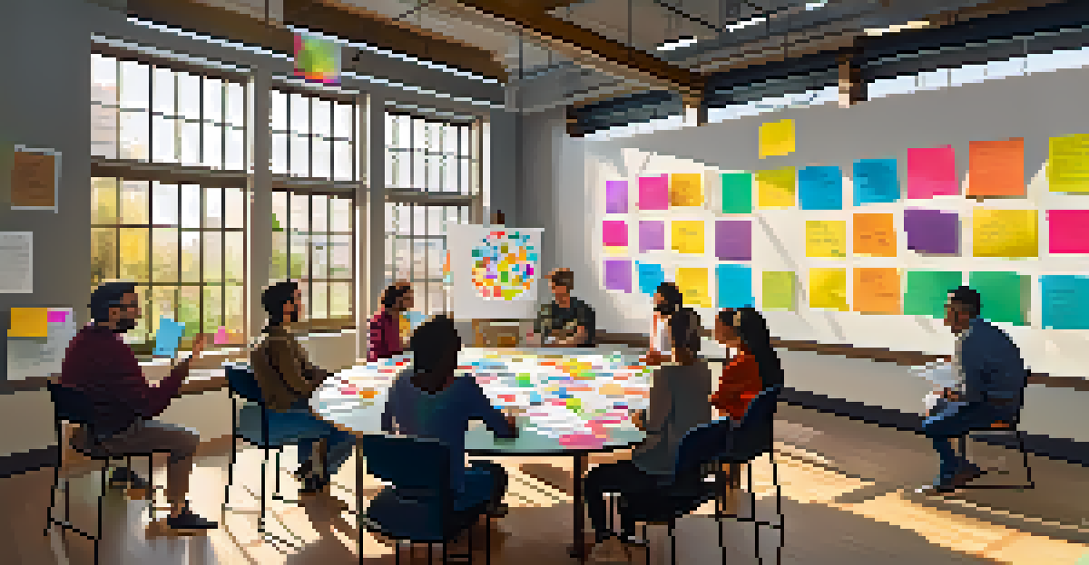 A workshop room with diverse participants brainstorming ideas at a round table, surrounded by colorful sticky notes and charts.