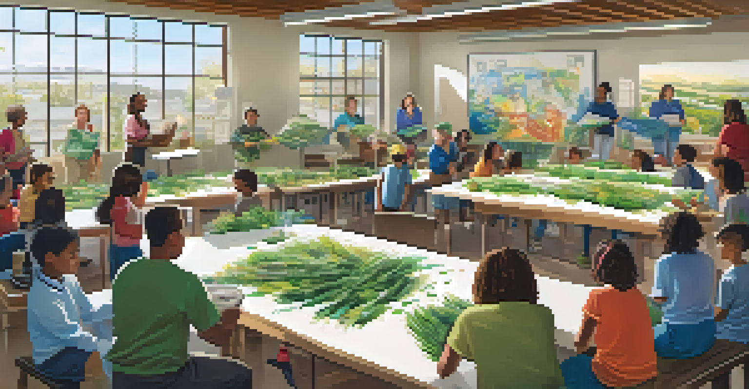 A community workshop in San Jose with residents learning about recycling and composting, featuring diverse participants and informative materials.