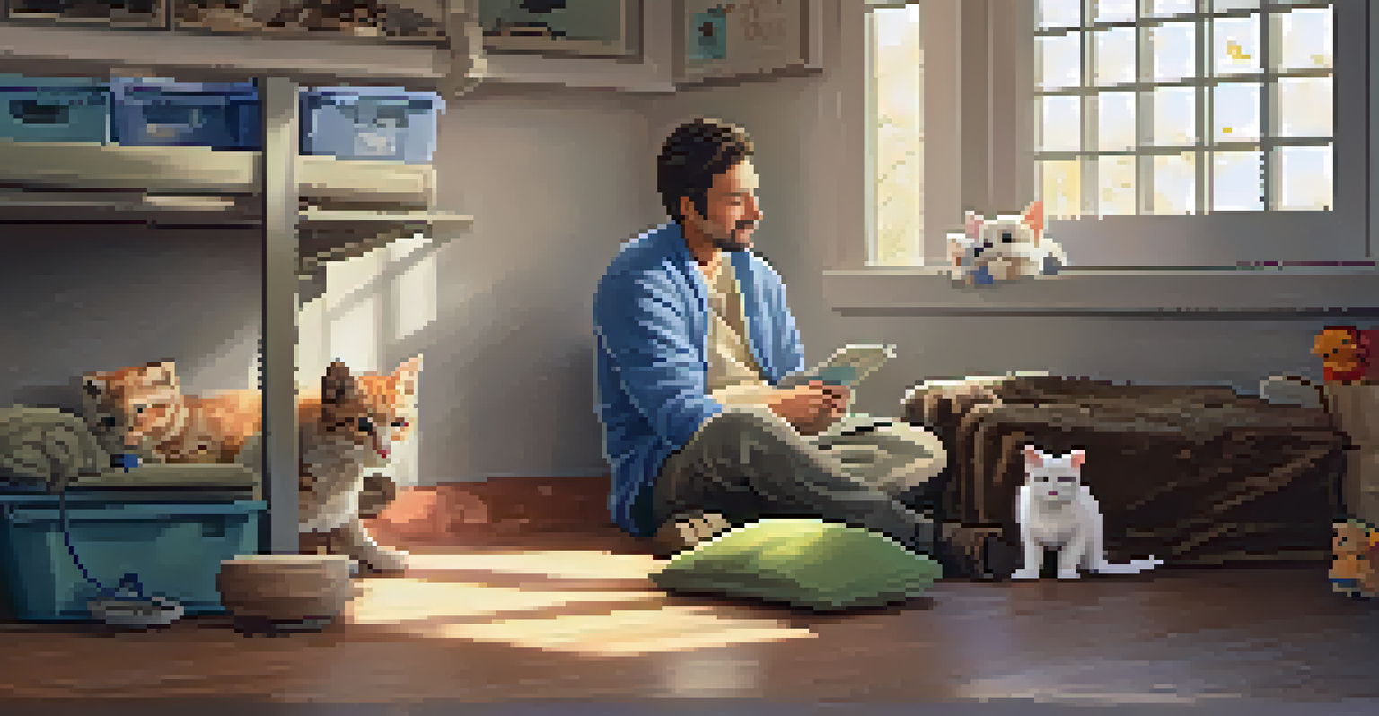 A volunteer interacting with a shy kitten in a cozy animal shelter environment.