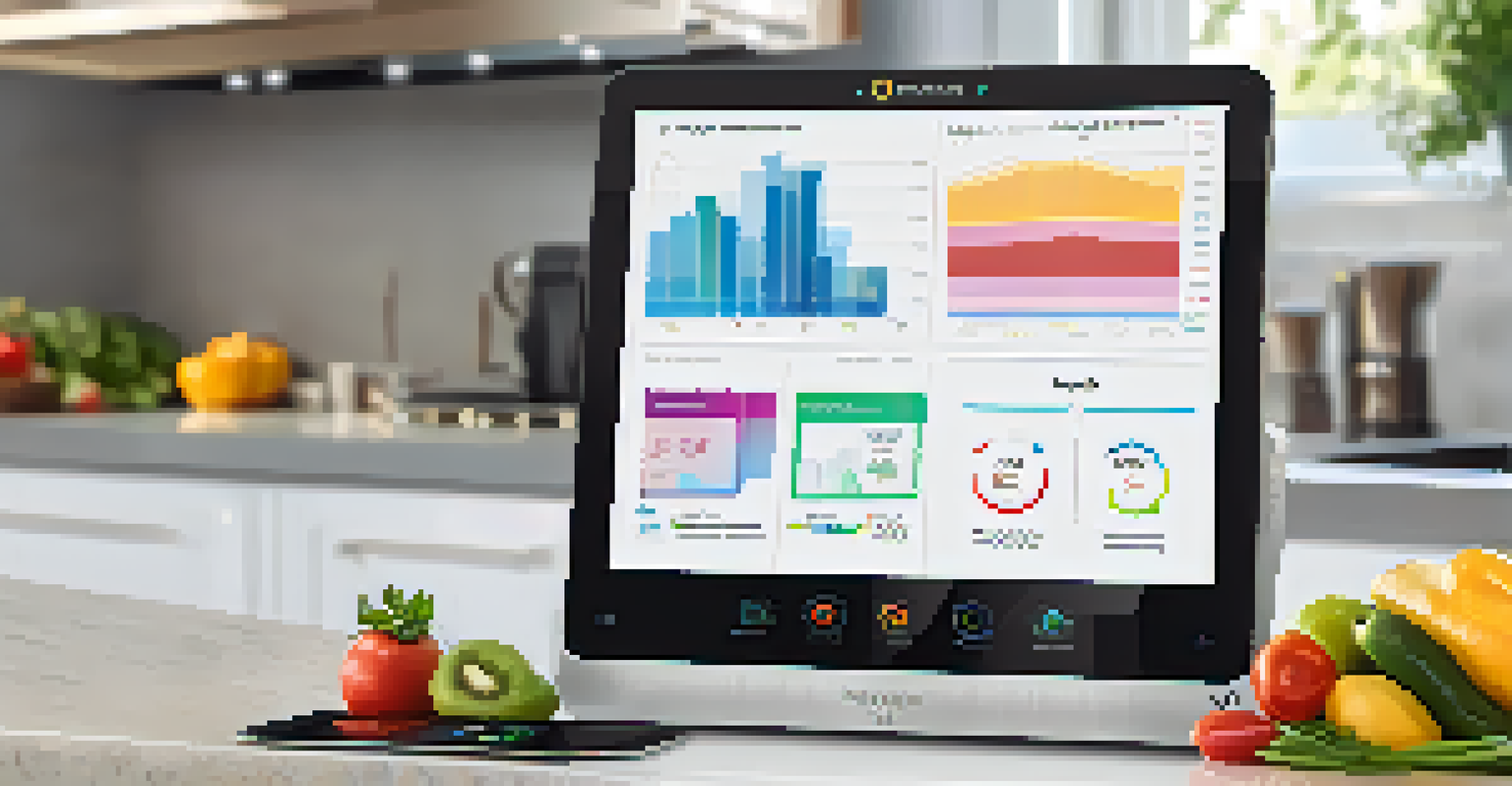 A sleek telehealth device on a kitchen countertop displaying health metrics, with a modern kitchen in the background.