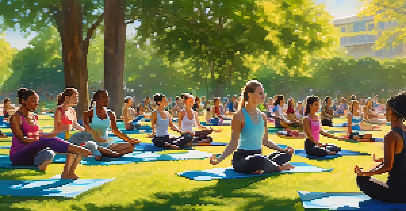 A diverse group of people practicing yoga outdoors in a park in San Jose.