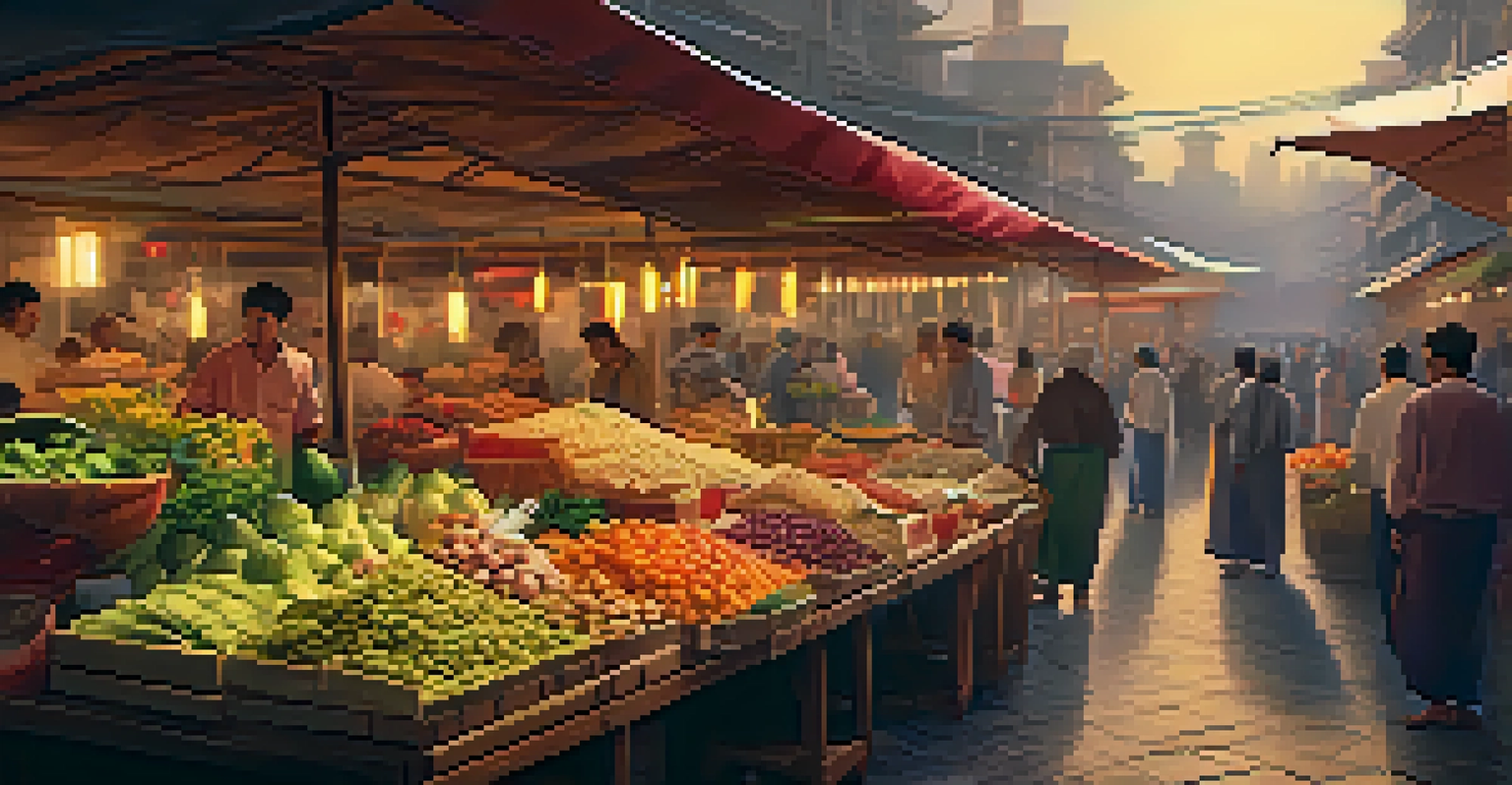 A bustling local market filled with diverse food stalls, showcasing various dishes and fresh produce in a warm and inviting atmosphere.