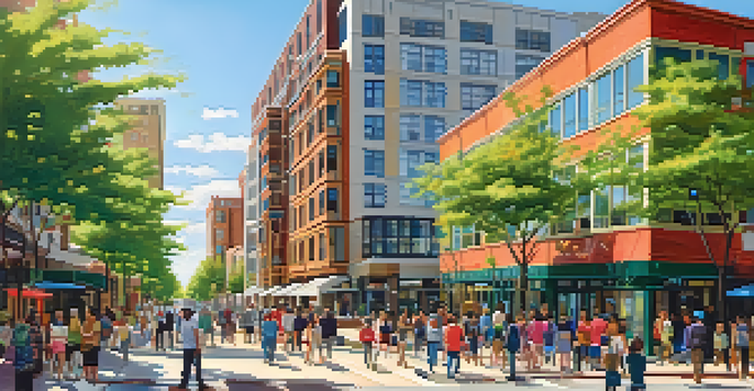 A bustling urban environment with people walking towards a train station, surrounded by residential and commercial buildings, under a clear blue sky.