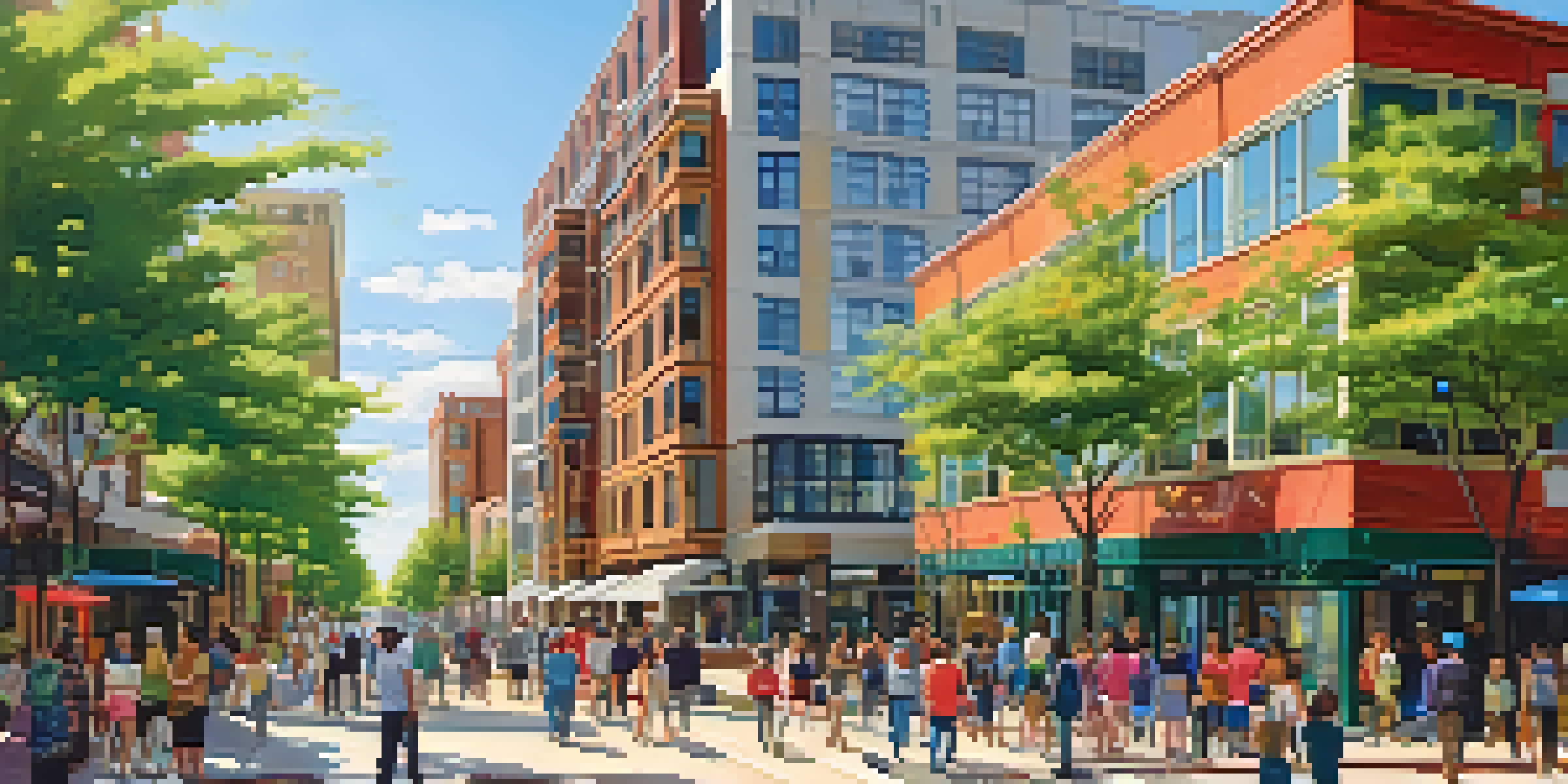 A bustling urban environment with people walking towards a train station, surrounded by residential and commercial buildings, under a clear blue sky.