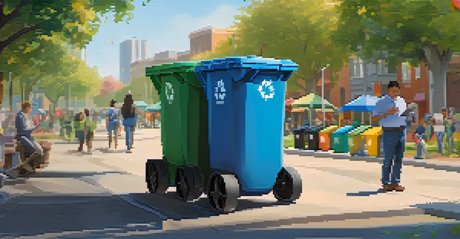 A clean park in San Jose with smart waste bins monitored by a worker using a tablet, families enjoying the outdoors.