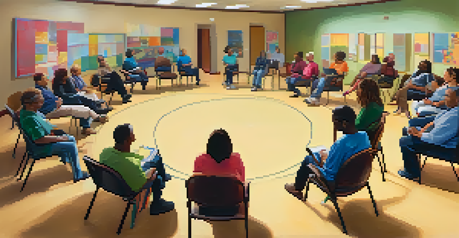 A community support group meeting in a brightly lit room with participants seated in a circle, sharing and listening to one another.