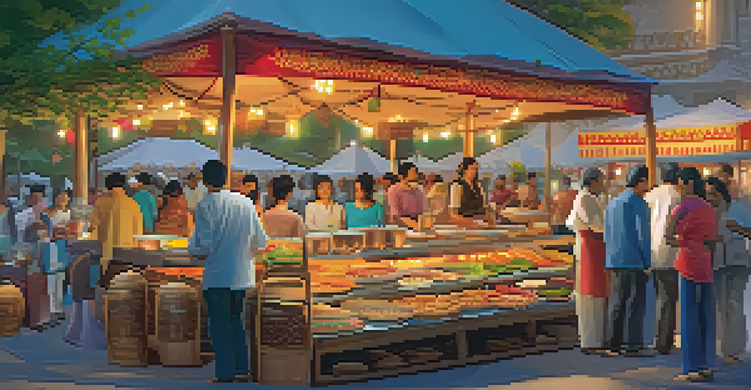 A colorful food stall at the Heritage Festival showcasing various cultural dishes, with warm lighting enhancing the appetizing display.