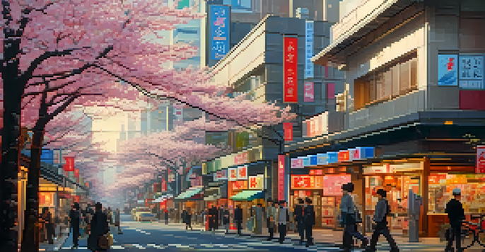A busy Tokyo street with cherry blossom trees, neon signs, and pedestrians, capturing the blend of tradition and modernity.