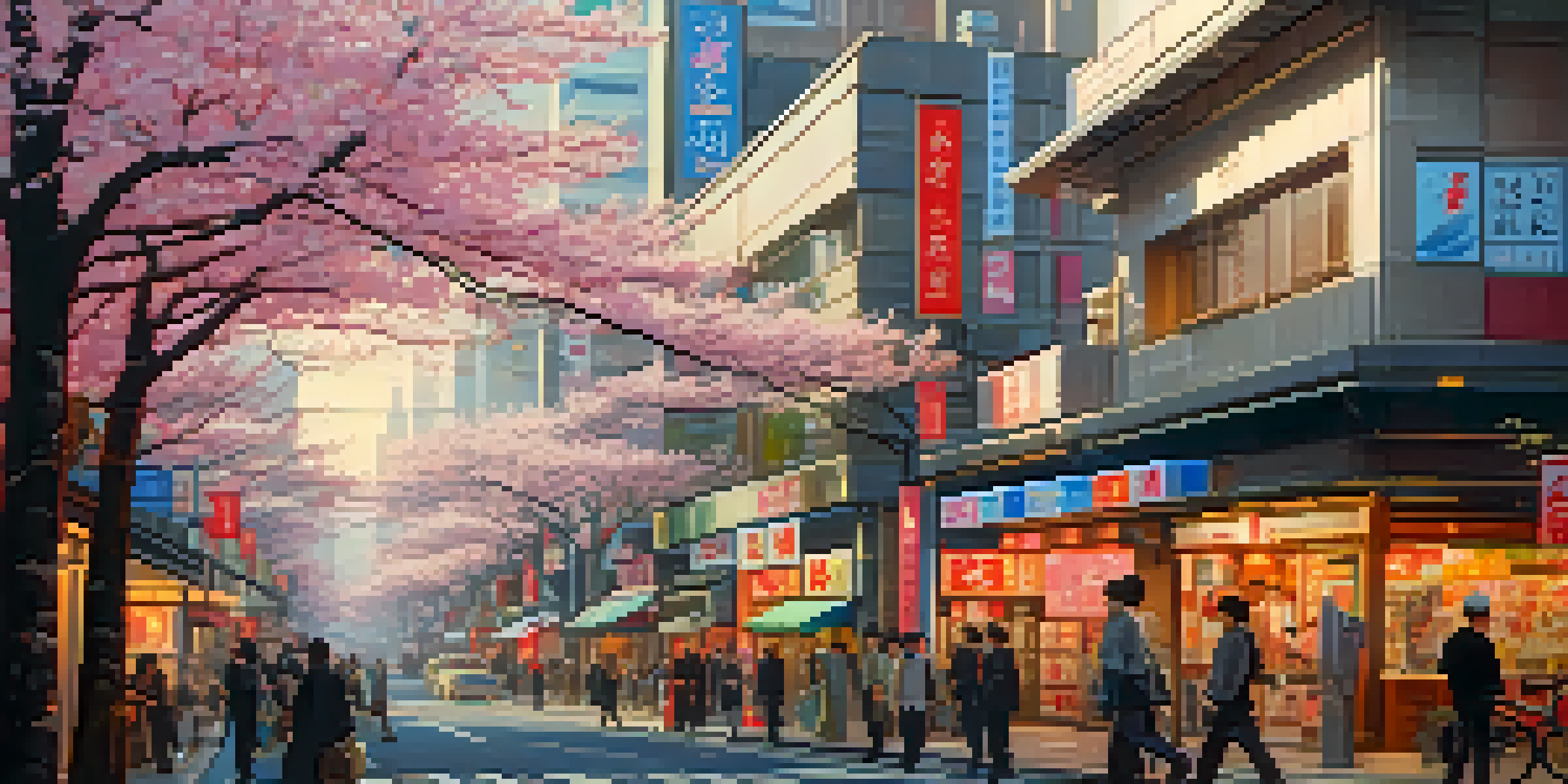 A busy Tokyo street with cherry blossom trees, neon signs, and pedestrians, capturing the blend of tradition and modernity.