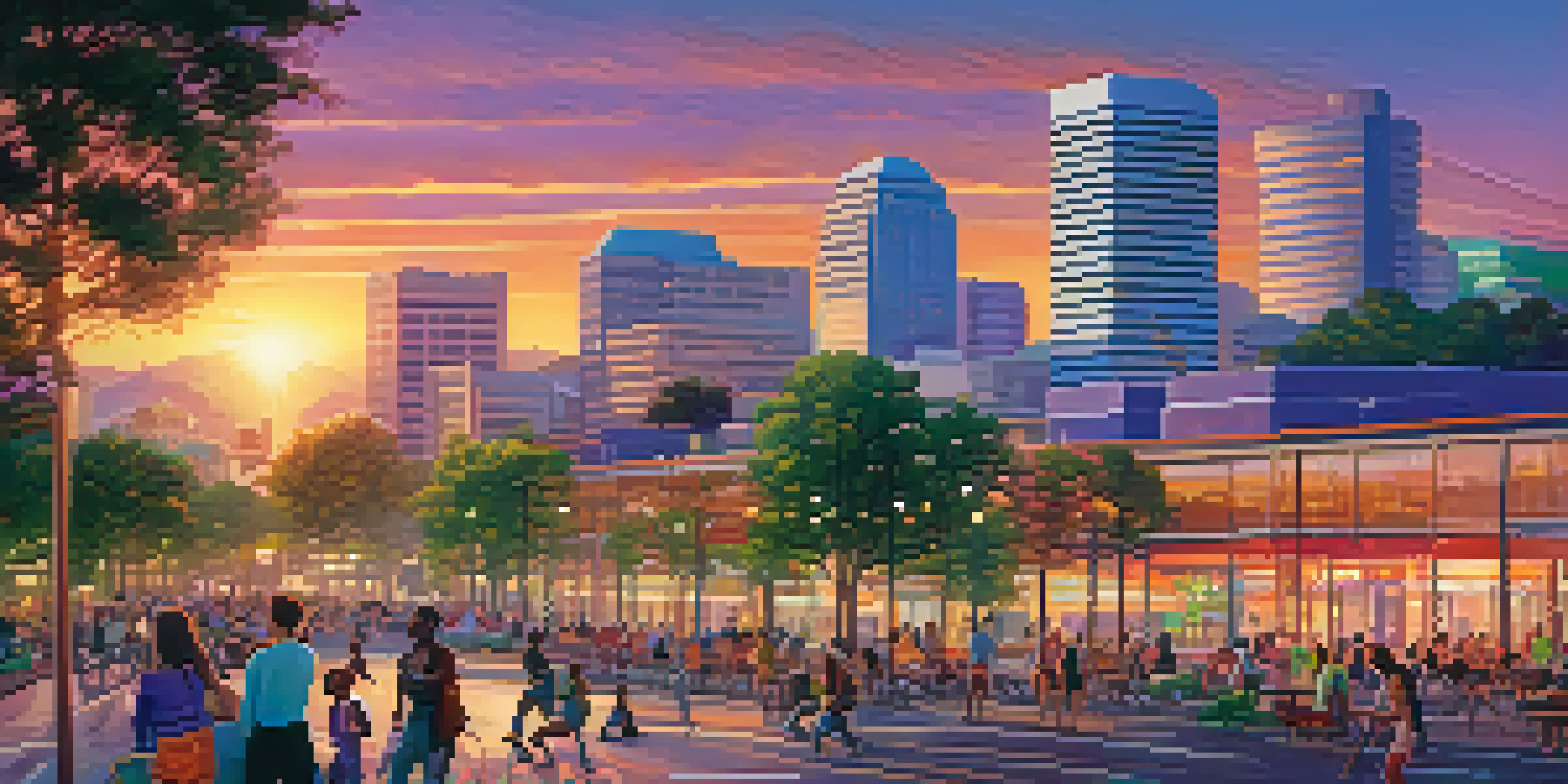 A vibrant San Jose cityscape at sunset with modern buildings, outdoor activities, and colorful flowers in a park.