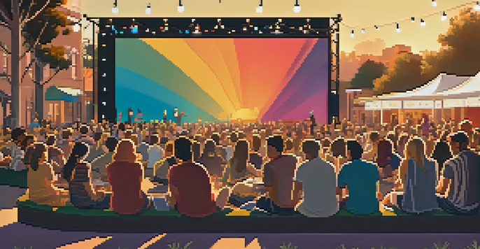 A lively outdoor film festival with a diverse crowd watching a screening, colorful banners, and string lights in a sunset glow.