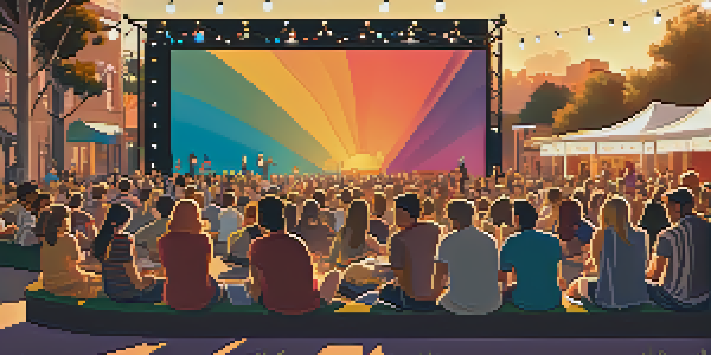A lively outdoor film festival with a diverse crowd watching a screening, colorful banners, and string lights in a sunset glow.