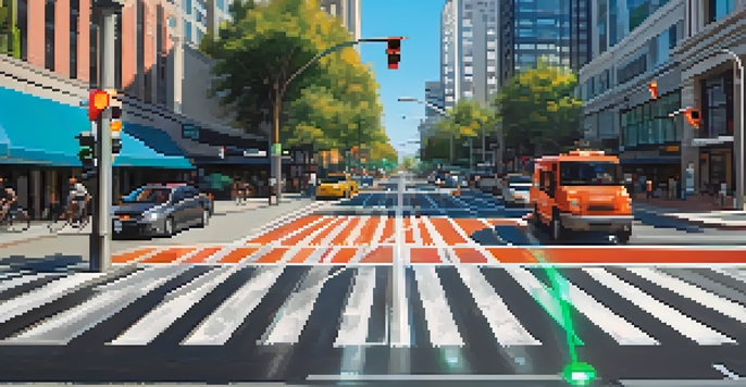 A busy urban intersection in San Jose with smart traffic signals, cyclists, and pedestrians, demonstrating modern traffic management.