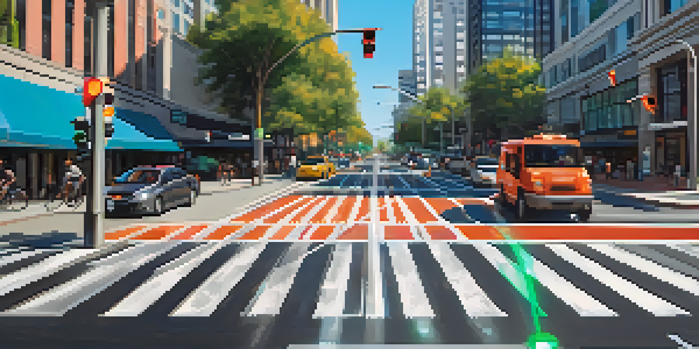 A busy urban intersection in San Jose with smart traffic signals, cyclists, and pedestrians, demonstrating modern traffic management.
